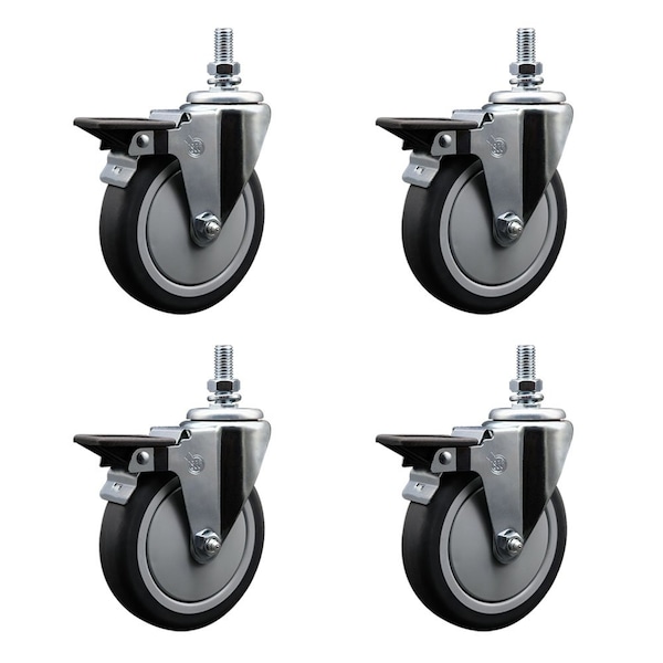 5 Inch Thermoplastic Rubber 10 MM Threaded Stem Caster Set with Brake